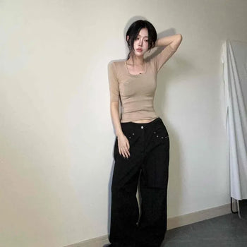 Skin Fit Glam Square Neck Slim Half-Sleeve T-Shirt