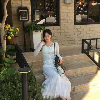 Lace Tiered High-Waisted Chiffon Elastic Long Skirt
