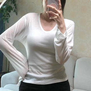 V-Neck Tencel Thin See-through Ribbed Slim Fit Long Sleeve T-Shirt