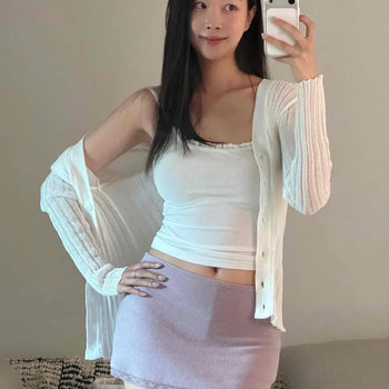 Reversible See-through V-neck Ribbed Button Slim Fit Crop Cardigan with Back-of-Hand Cover
