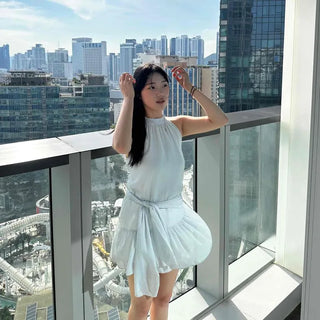 Chiffon Frill Ribbon Waist Tie Semi-Halter A-Line Mini Dress