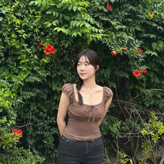 Flower Embroidered Punched Lace Elastic Square Neck Cap Sleeve Slim Fit Crop Blouse
