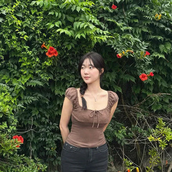 Flower Embroidered Punched Lace Elastic Square Neck Cap Sleeve Slim Fit Crop Blouse