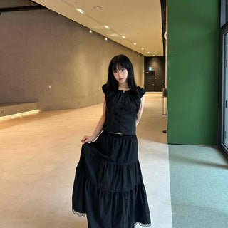 Phase Lace Frill Elastic Waist Long Maxi Skirt