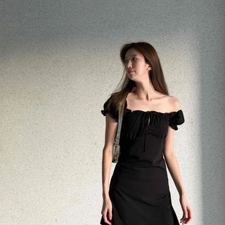 Off-shoulder Angora Tweed Ribbon Frill Slim Fit A-Line Mini Dress