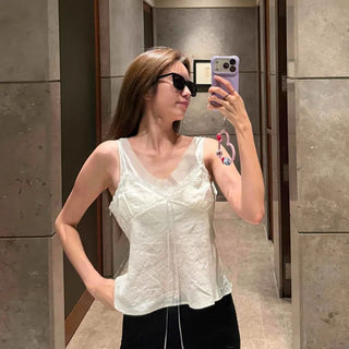 Loose Fit Sleeveless V-Neck Lace Chiffon Blouse