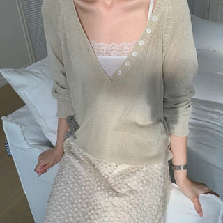 Button Deep V-Neck Salanta Knit
