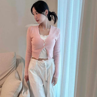 Daze Two-Button Ribbed Crop Cardigan