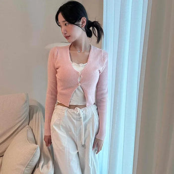 Daze Two-Button Ribbed Crop Cardigan