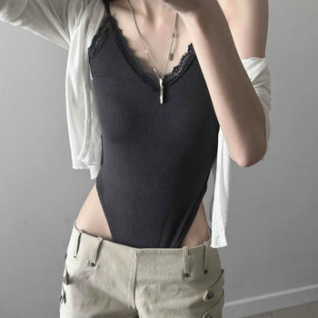 V-neck Lace Slim Ribbed Bodysuit
