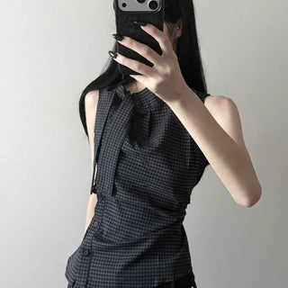 Mood High Neck Tie Shirred Check Blouse