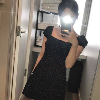 Small Floral Square Neck Puff Slim Fit Mini Dress
