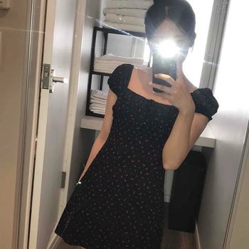 Small Floral Square Neck Puff Slim Fit Mini Dress