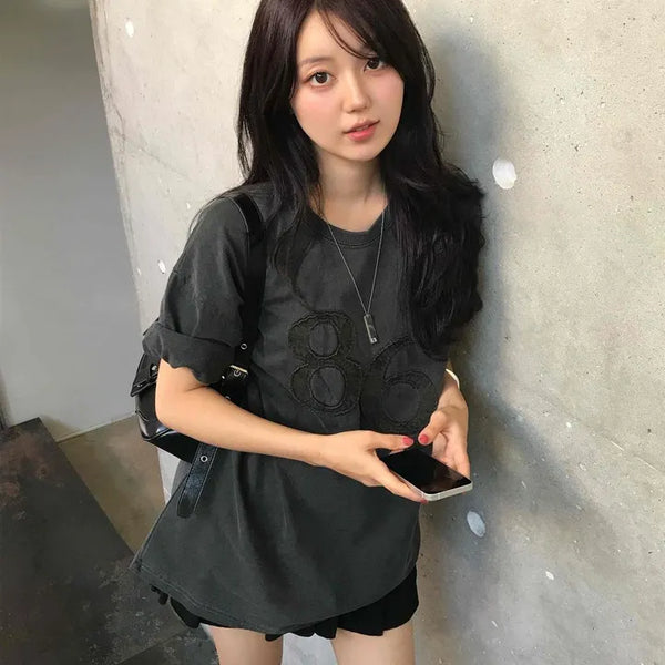 86 Embroidered Pigment Oversized Short Sleeve T-shirt