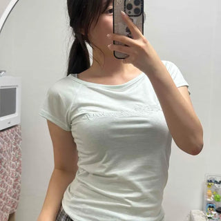 Modal Boat Neck Cap Sleeve Embroidered Lettering Slim Fit Short Sleeve T-shirt