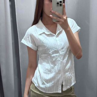 Striped Collared Cotton Crop Blouse