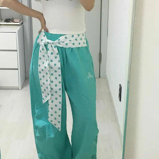 Dot Elastic Waist Wide Strap Set Swimwear Long Pants