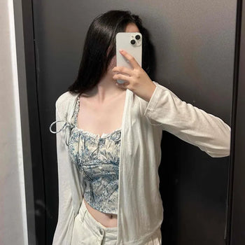 Flower Embroidered Lace Frill Ribbon Square Neck Elastic Slim Fit Semi-Crop Bustier Sleeveless
