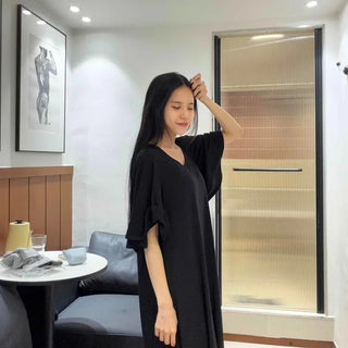Winged V-neck Loose Fit Flowy Cotton Short Sleeve Flare Maxi Long Dress