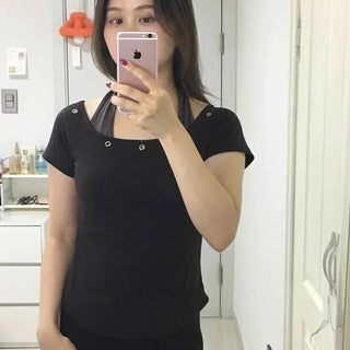 Halter Neck Eyelet Punched Layered Slim Fit Short Sleeve T-shirt