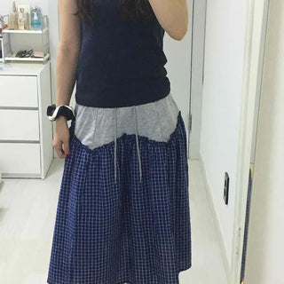 Contrast Check High-Waisted Back-Elastic Flare Midi Skirt