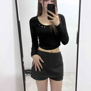 U-Neck Eyelet Cotton Slim Fit Crop Long Sleeve T-Shirt