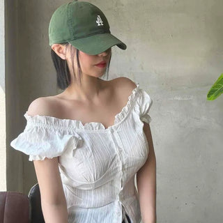 Off-shoulder Puff Sleeve Frill Punched Back Ribbon Tie Cinched Waist Elastic Crop Blouse