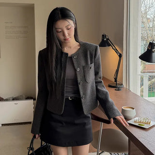 Romin Tweed Collarless Round Jacket