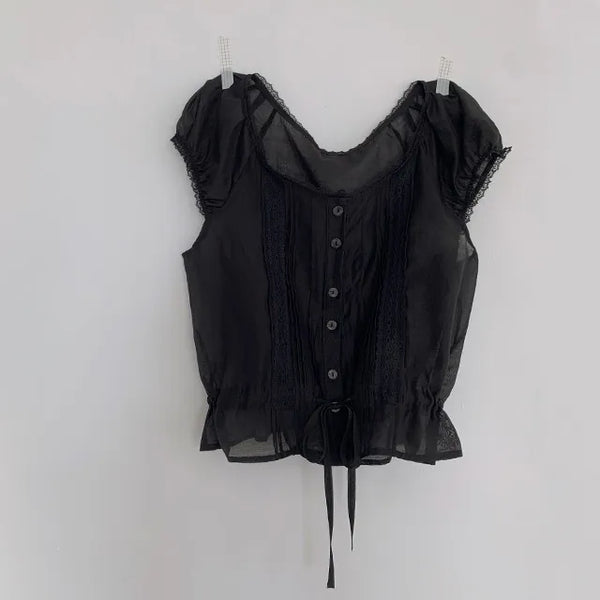 ◈Lacecore◈See-through◈Delicate Puff Shirred Blouse Wedding Guest Look Short Sleeve Shirt Balletcore Layered Summer Top
