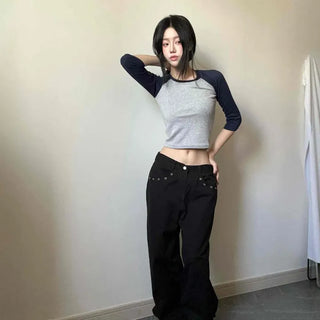 Raglan Contrast Two-Tone Cropped Slim Fit 3/4 Sleeve Long Sleeve T-shirt
