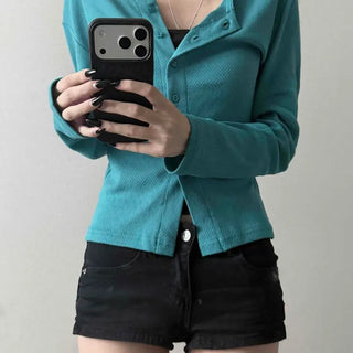 Heart Button Embroidered Slit Round Neck Slim Fit Knit Cardigan
