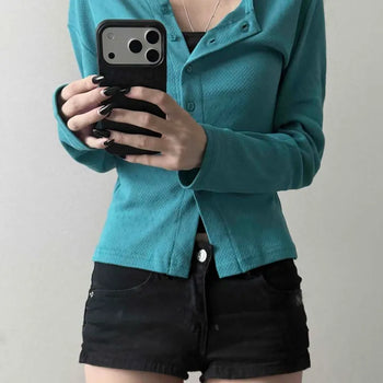Heart Button Embroidered Slit Round Neck Slim Fit Knit Cardigan