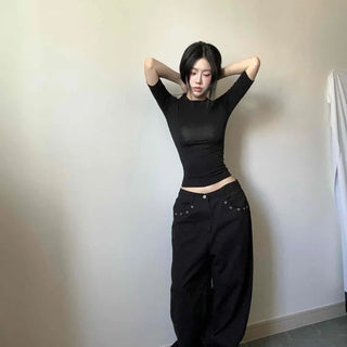Modal Round Neck Cinched Waist Slim Fit Crop Short Sleeve T-shirt