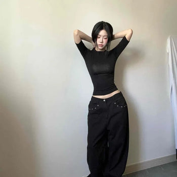 Modal Round Neck Cinched Waist Slim Fit Crop Short Sleeve T-shirt