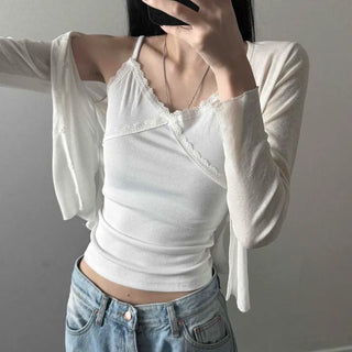 Lace Fine Ribbed V-Neck Slim Fit Layered Strap Sleeveless Top