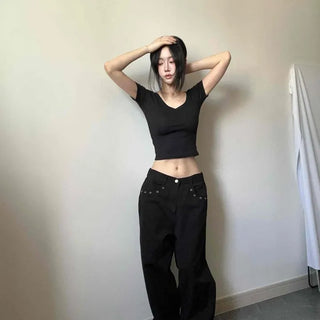 Ribbed V-Neck Stretchy Crop Slim Fit Short Sleeve Tee