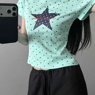 Dot Print Cotton Crop Round Neck Short Sleeve T-shirt