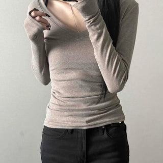 Deep V-Neck Ribbed Cinched Slim Knit Long Sleeve T-Shirt