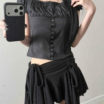 Puff Sleeve Shirred Lace Corset Pleated Button Square Neck Slim Fit Crop Short Sleeve T-shirt