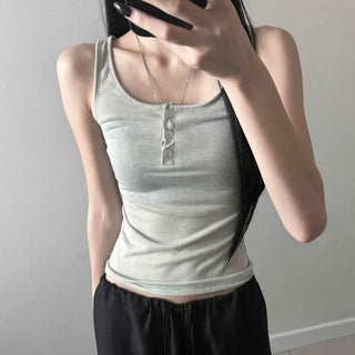 Cotton Button Layered Semi-Crop Strap Sleeveless Top