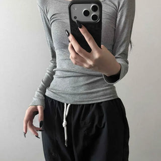 Fine Ribbed Henley Neck Button Slim Fit Rayon Delicate Long Sleeve T-shirt