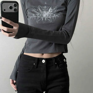 Round Neck Skull Print Crop Long Sleeve T-shirt
