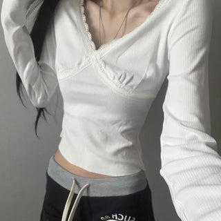 Ribbed V-neck Slim Fit Crop Long Sleeve T-shirt