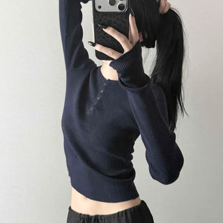 Ribbed Henley Neck Button Hand Warmer Thick Delicate Fit Crop Inner Knit
