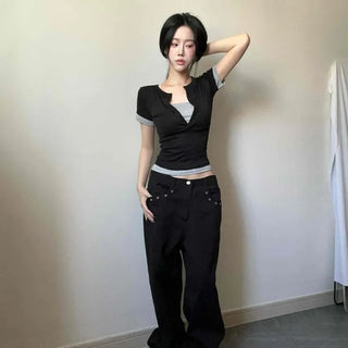 Stretchy Contrast Button Layered Round Neck Slim Fit Crop Short Sleeve T-shirt