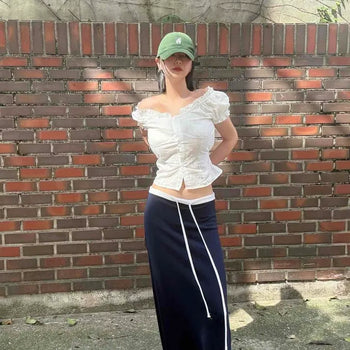 Knit Low-Rise Loose Fit Training String Long Skirt