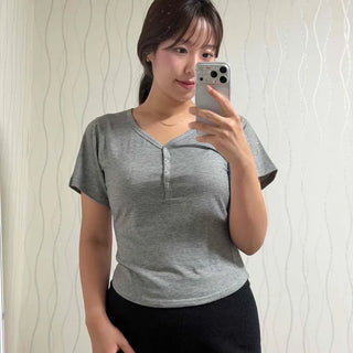 V-neck Snap Button Stretch Spandex Cinched Waist Short Sleeve T-shirt