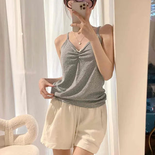 Mori Flower Ribbon Shirring V-Neck Sleeveless Top