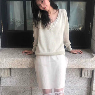 Deep V-Neck Button See-through Acrylic Loose Fit Knit