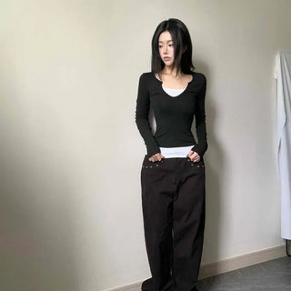 Peak V-Cut Color Block Layered Slim Fit Long Sleeve T-Shirt